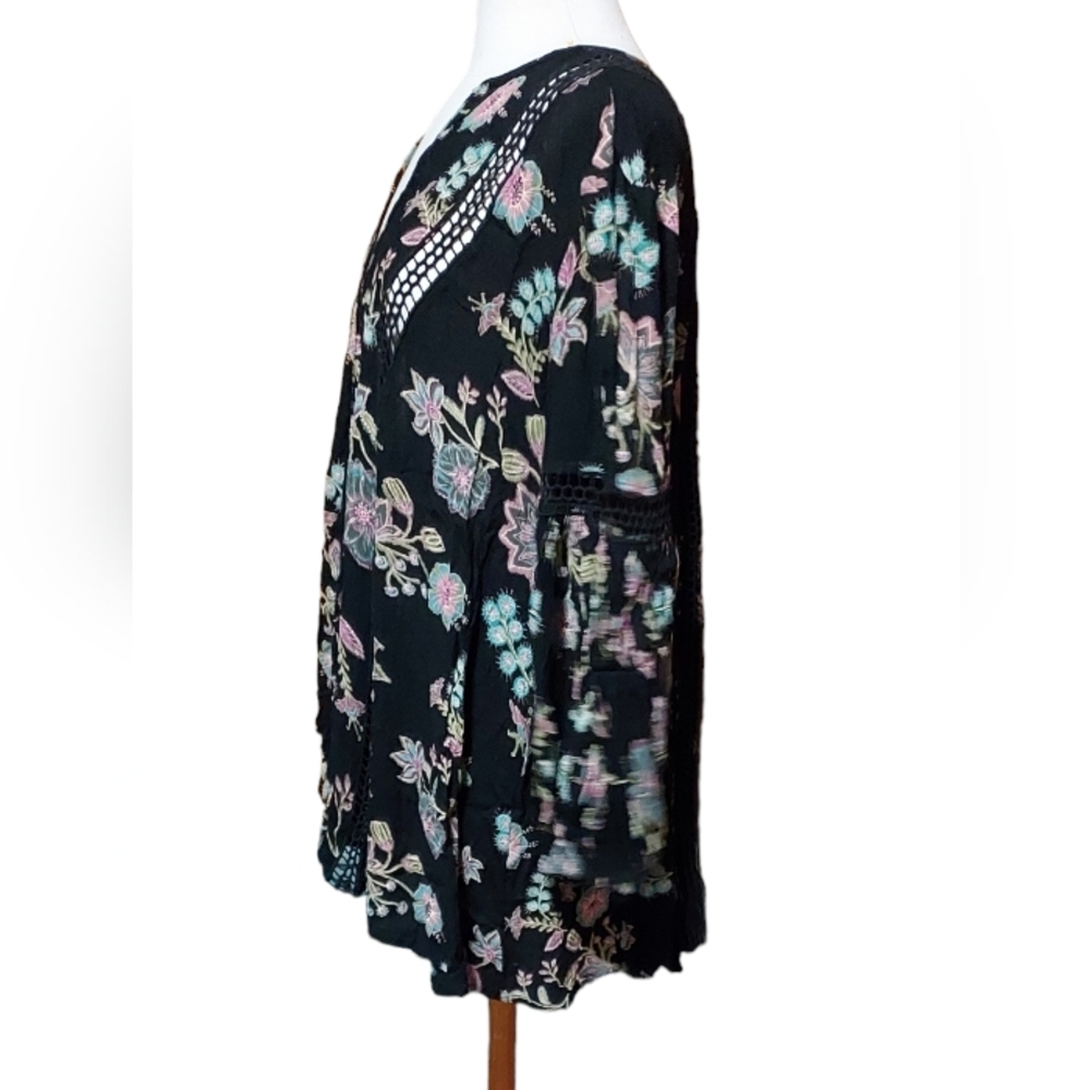Free People Dress S Mini Knee Length Black Floral Pink Blue Bohemian Cottagecore - Picture 2 of 3